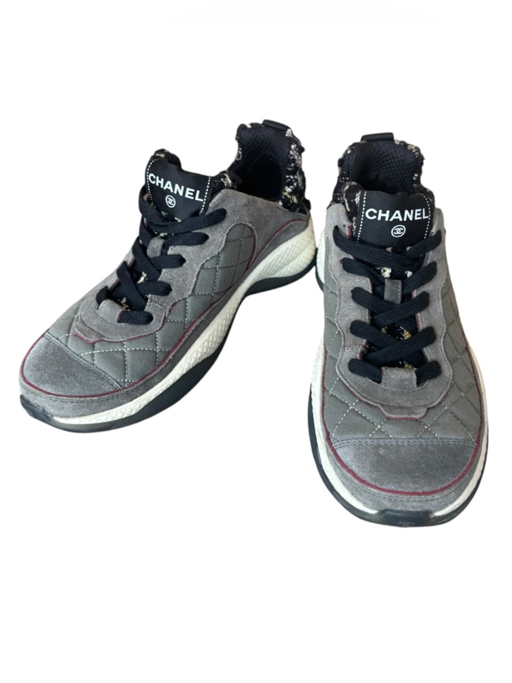 Chanel 2022 Interlocking CC Logo Quilted Suede and Tweed Sneakers 36.5